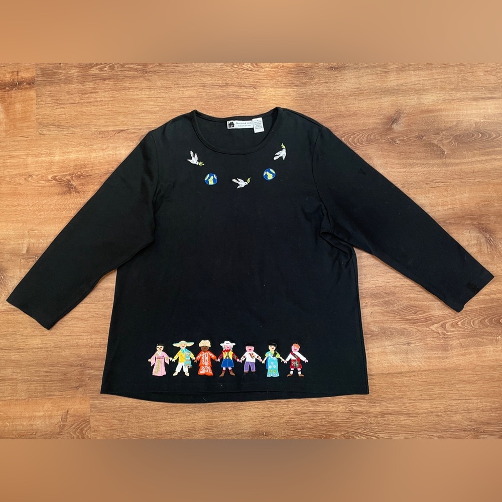 Storybook Knits World Peace Embroidered‎ Top Blouse Size 1X Long Sleeve Beaded